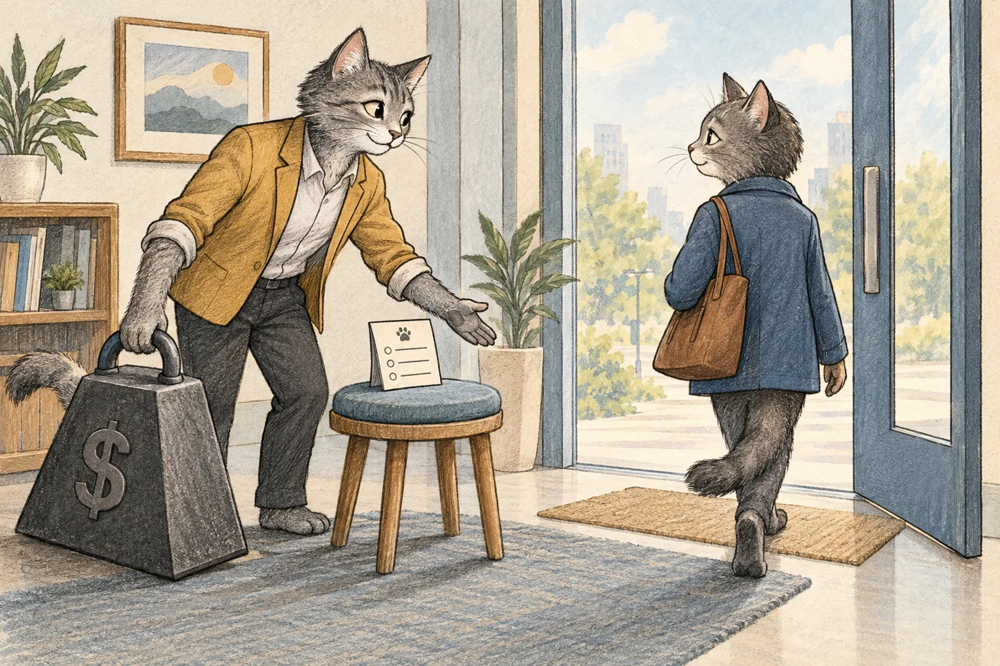 A business owner cat removes a fee-shaped doorstop and listens as a customer heads for the exit.