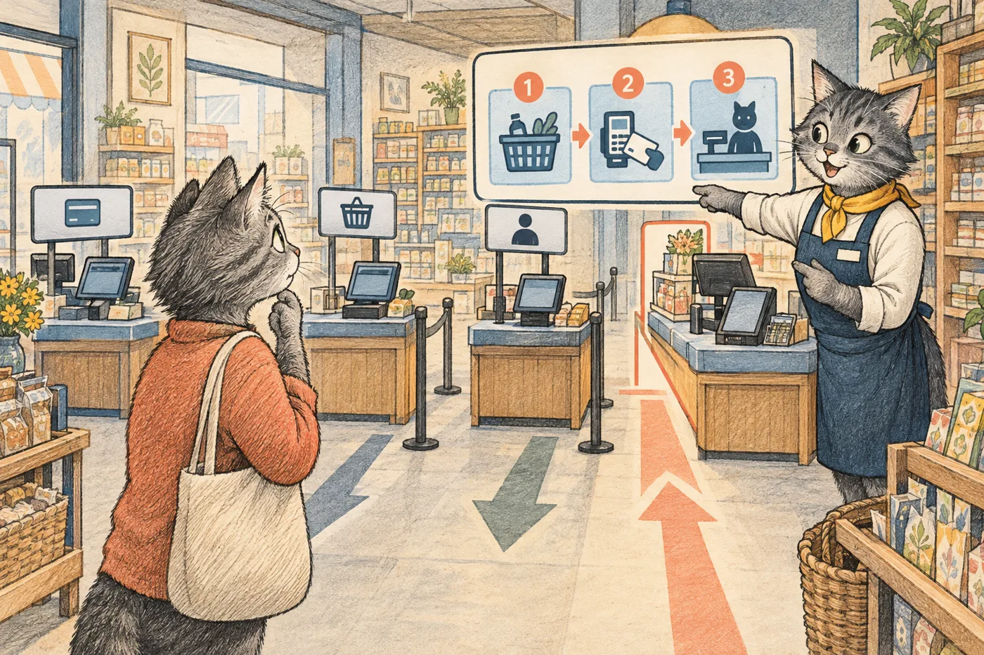 A shopkeeper cat guides a customer through a clear three-step path to the checkout.