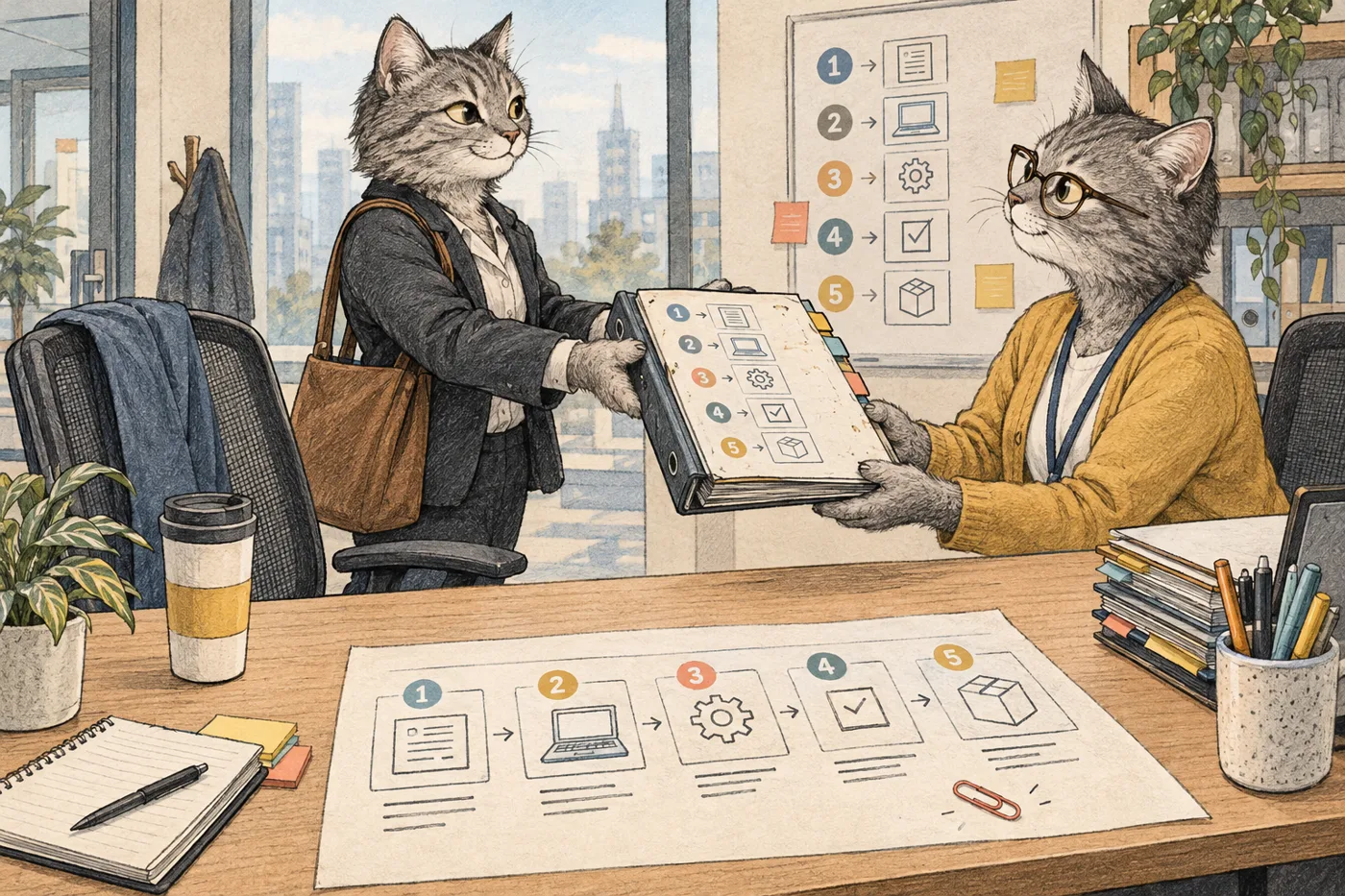 A departing office cat hands a step-by-step process binder to a colleague at a workstation.
