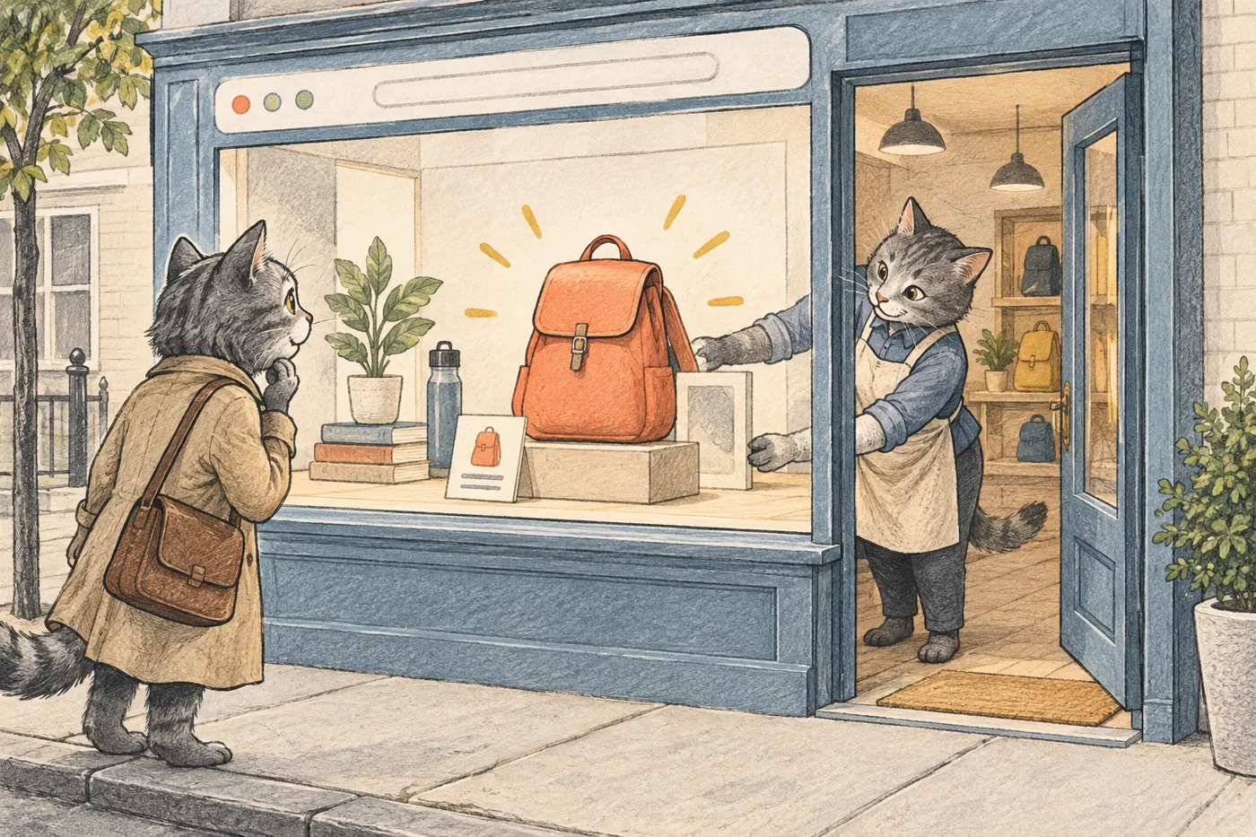 A shop owner cat rearranges a storefront display so a visitor can immediately see what is for sale.