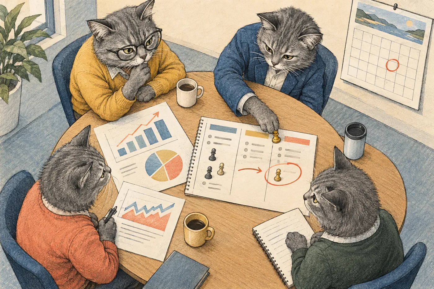 A small cat team reviews a simple dashboard and marks one decision on a wall calendar.