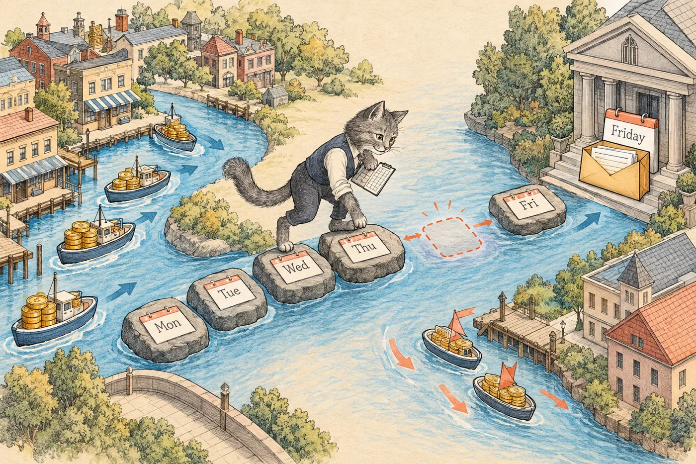 An accountant cat maps coins and payment boats across a calendar to check whether payroll arrives on time.