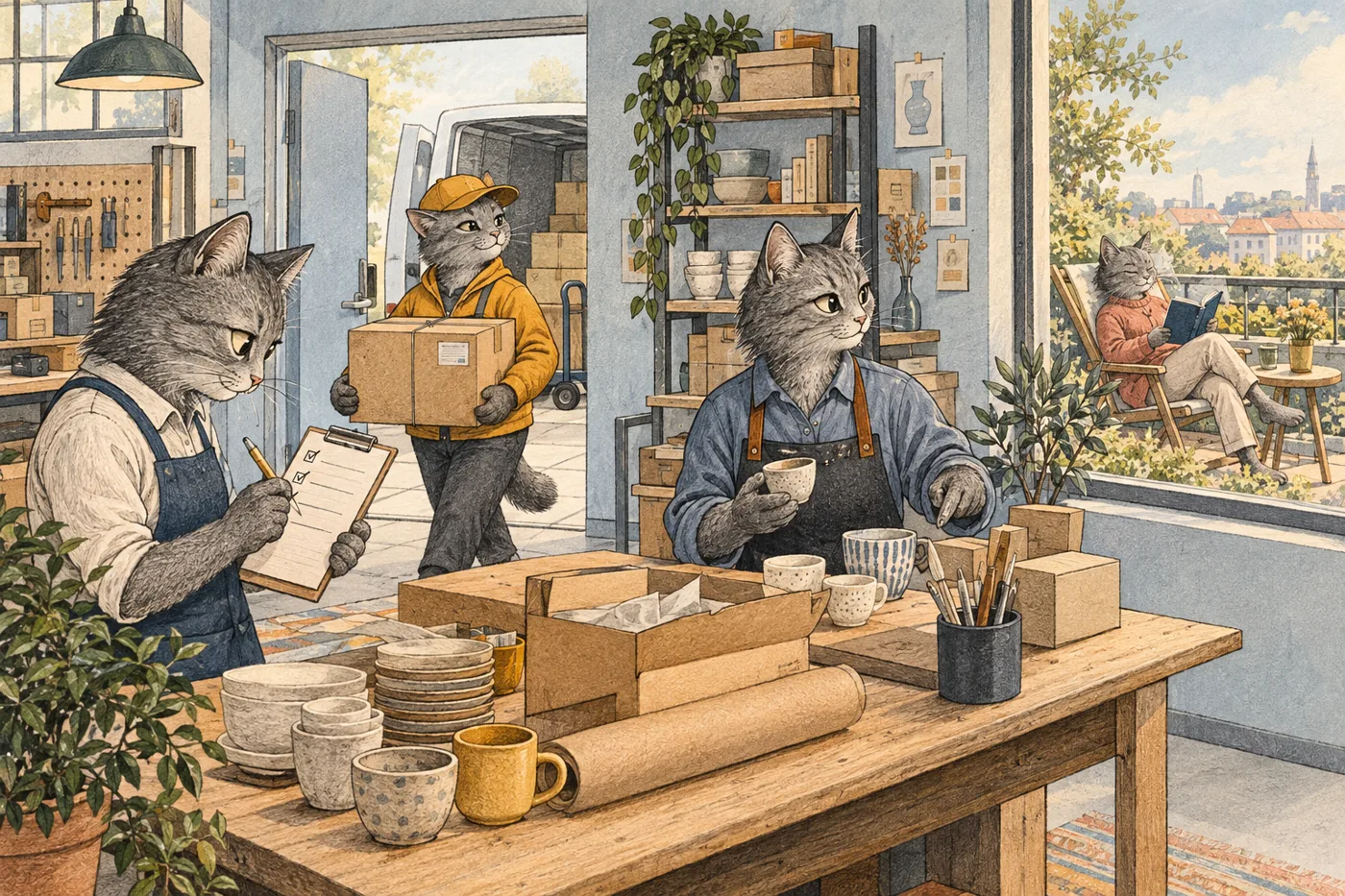 A business owner cat takes a day off while teammates confidently run a well-organized workshop.
