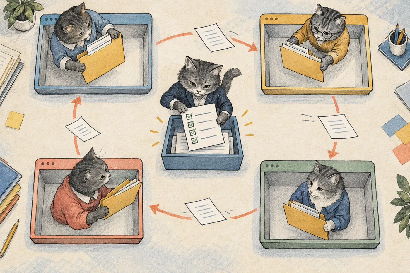 Four office cats simplify a messy folder handoff with one shared checklist and central inbox.