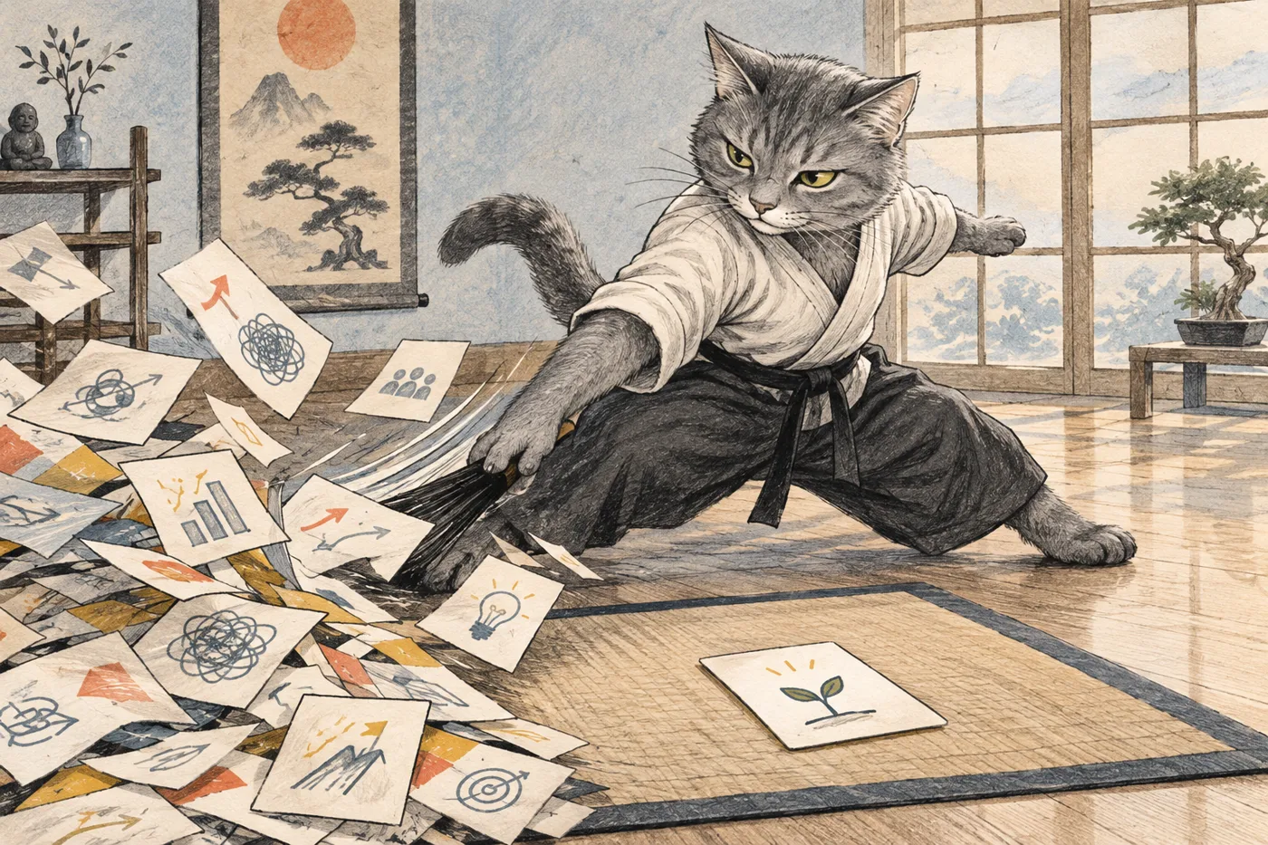 A business cat clears scattered strategy cards to reveal one focused experiment in a training studio.